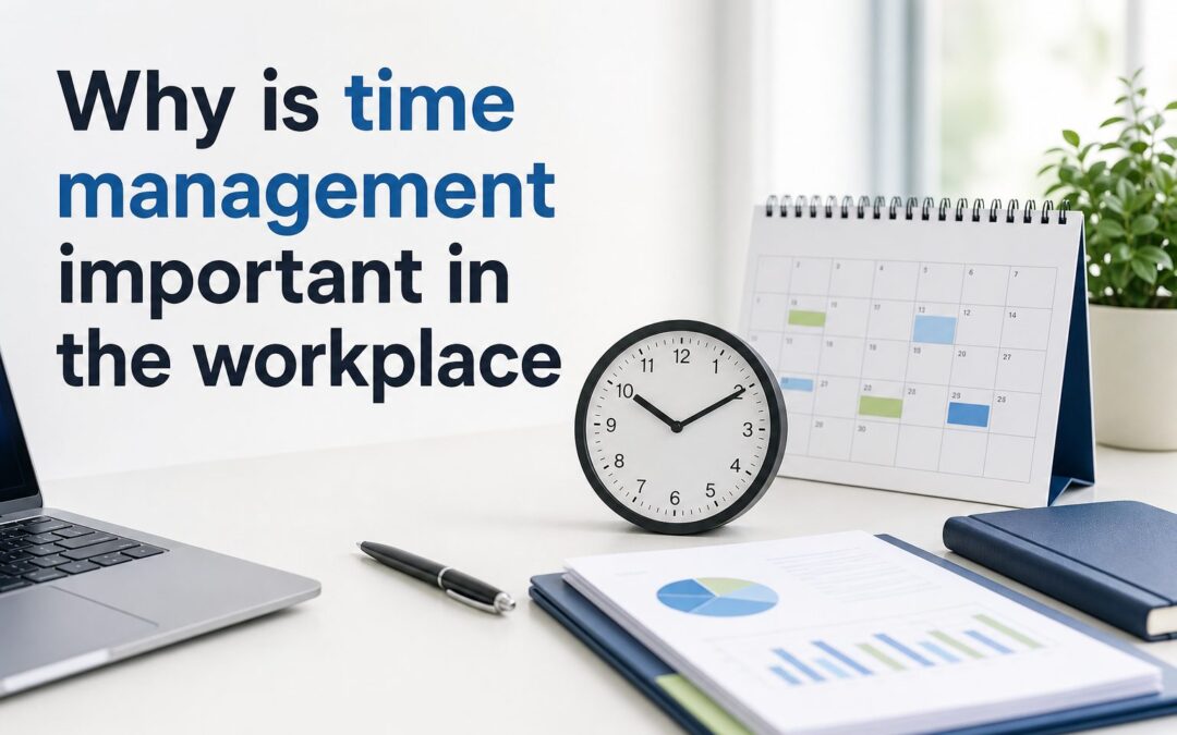 A planner, clock, and pencil on a desk representing time management